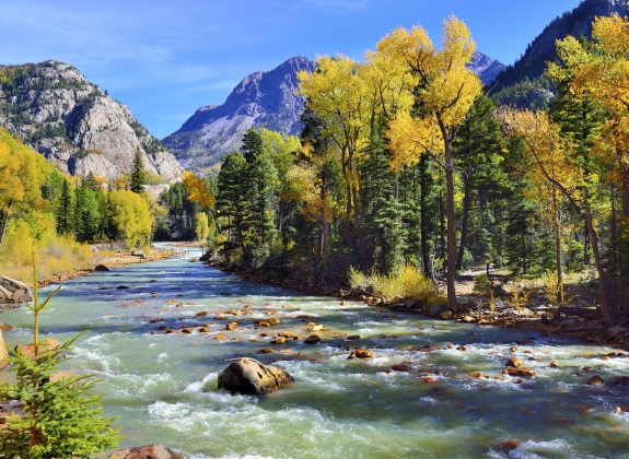 mountain river and colourful mountains of Colorado during foliage season