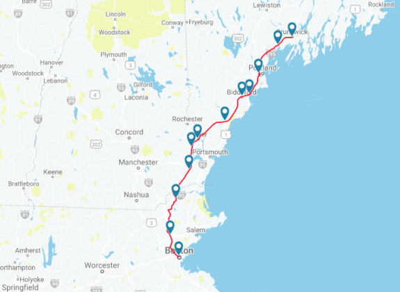map of Amtrak's Downeaster route