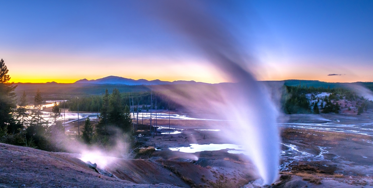 Beautiful Vibrant Geysers in Norris Basin Yellowstone after Sunset