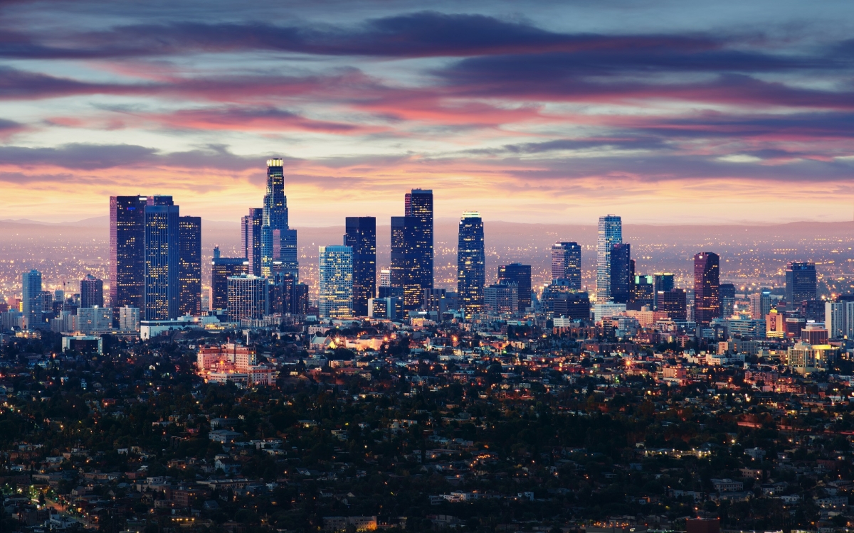 City of Los Angeles California at sunset with light trails