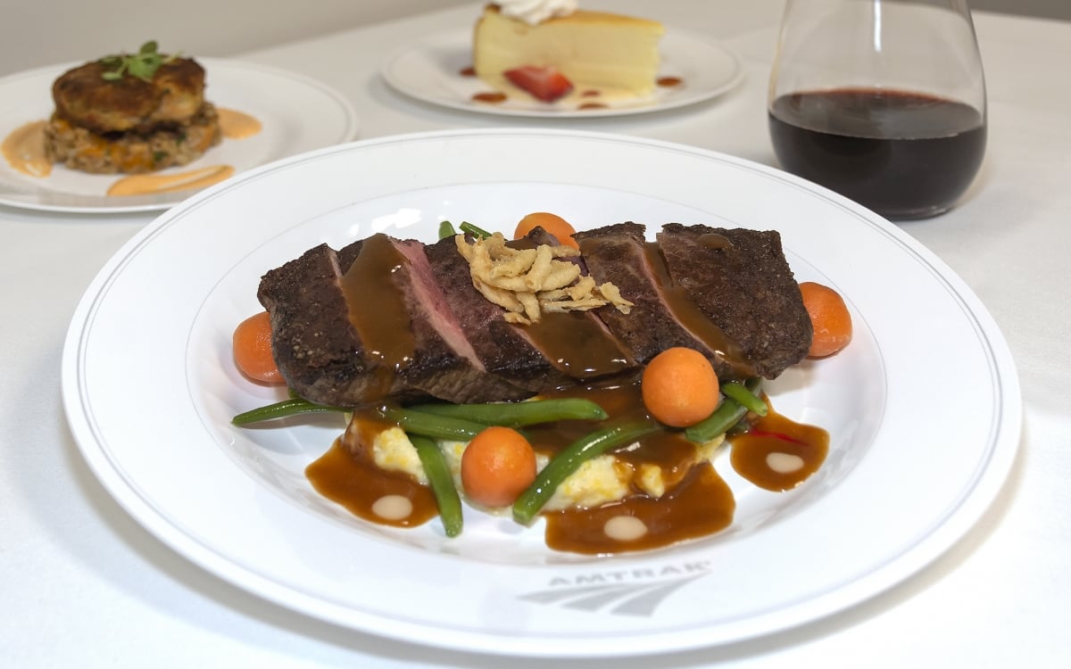 onboard amtrak traditional dining - steak meal