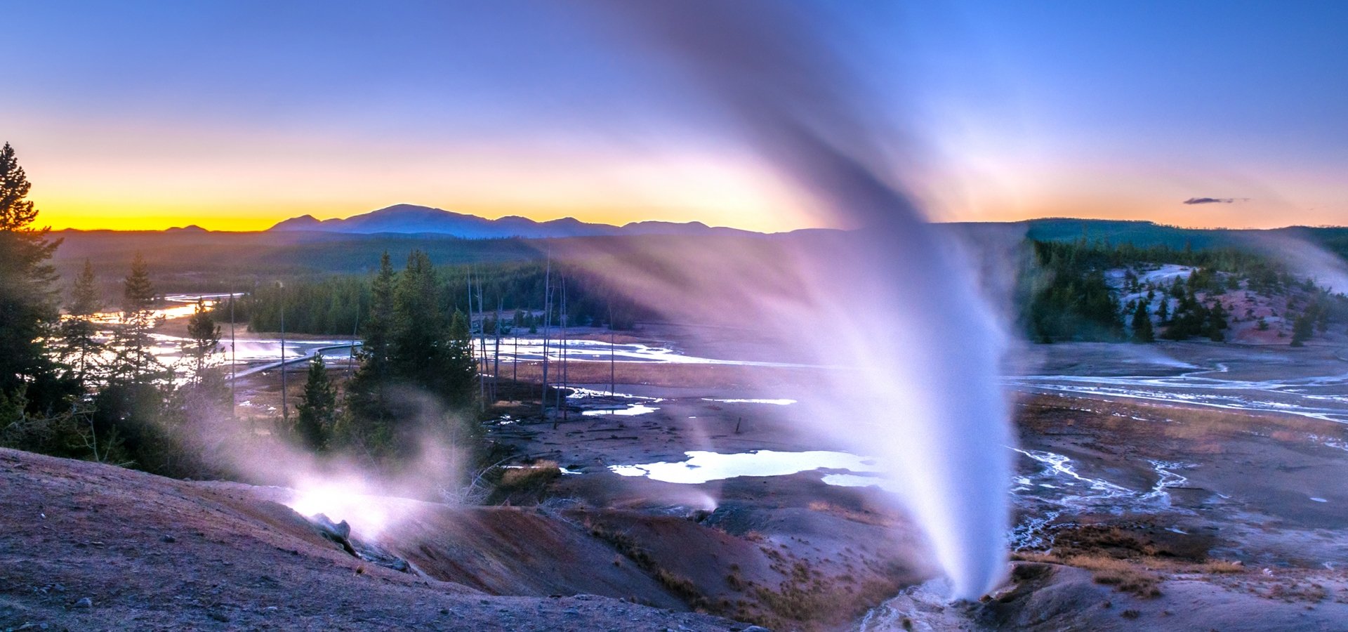 Beautiful Vibrant Geysers in Norris Basin Yellowstone after Sunset