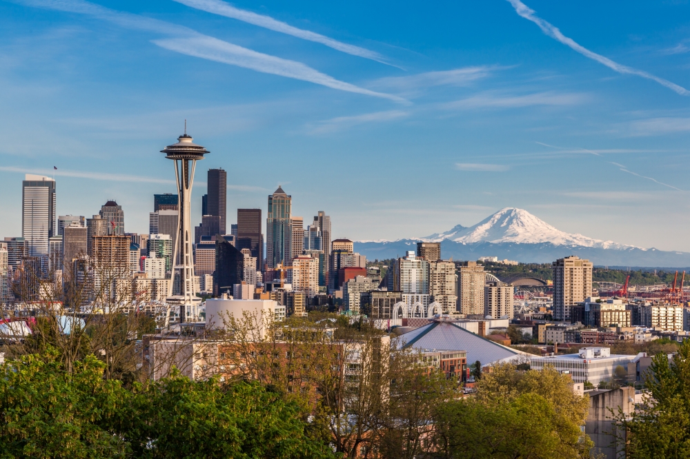 Seattle downtown skyline and Mt. Rainier, Washington.