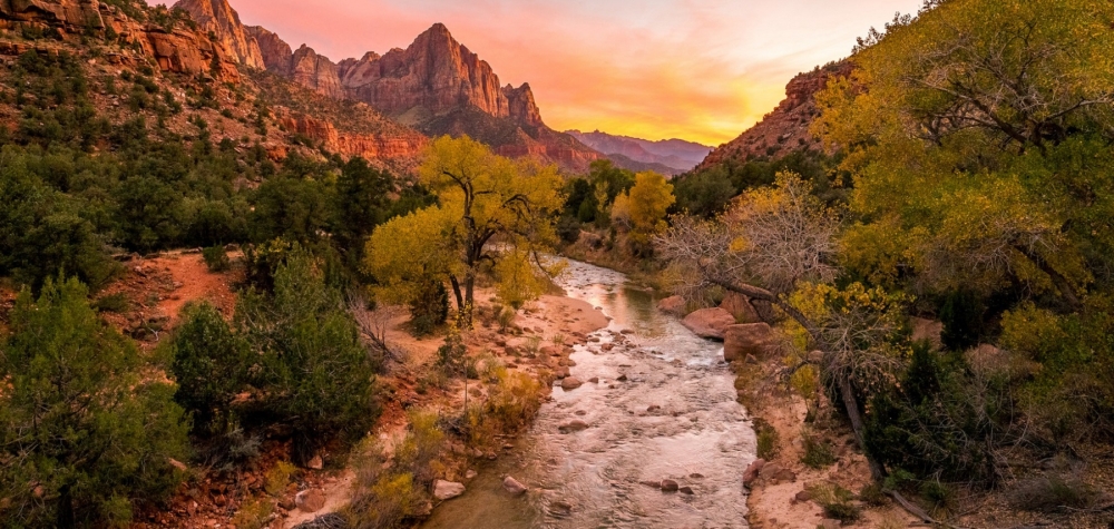 zion national park river at sunset
